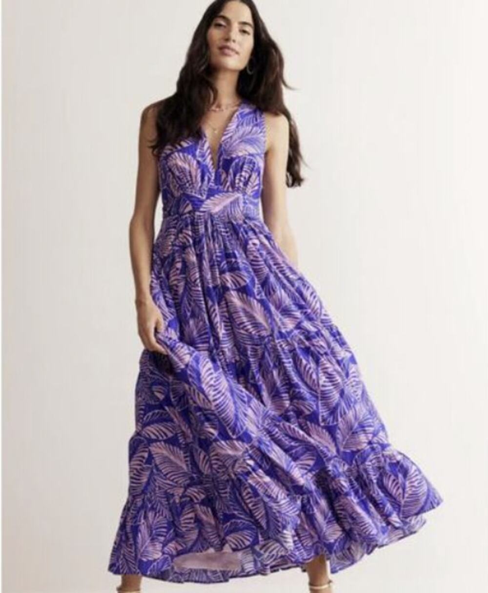Boden Serena Cotton Tiered Maxi Dress (Size US 8 Regular / UK 12R) Pink Blue EUC